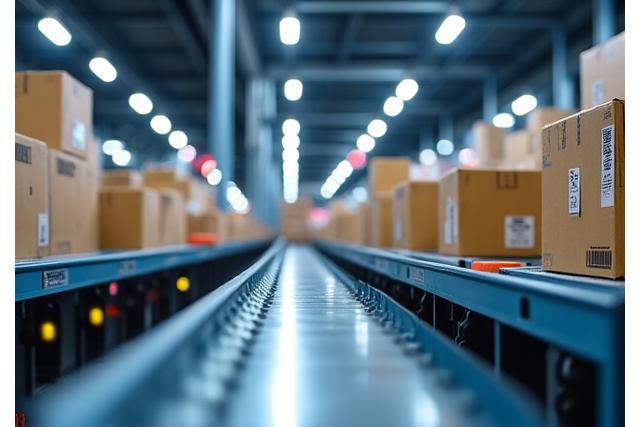 Automated warehouse system with boxes and conveyor belts