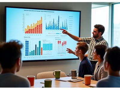 Team discussing market trends and brand strategy with charts and vibrant colors