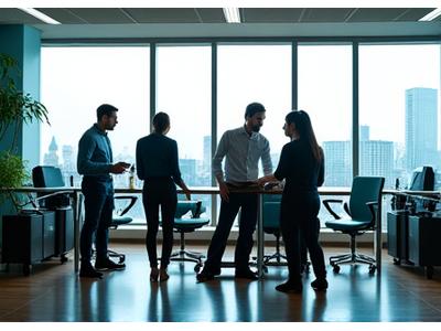 Group of diverse professionals collaborating in a modern open-plan office setting